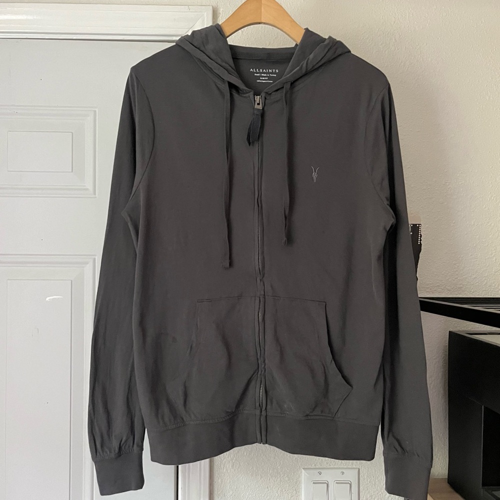 ALL SAINTS‎ grey organic cotton slim fit zip up long sleeve hoodie sweater